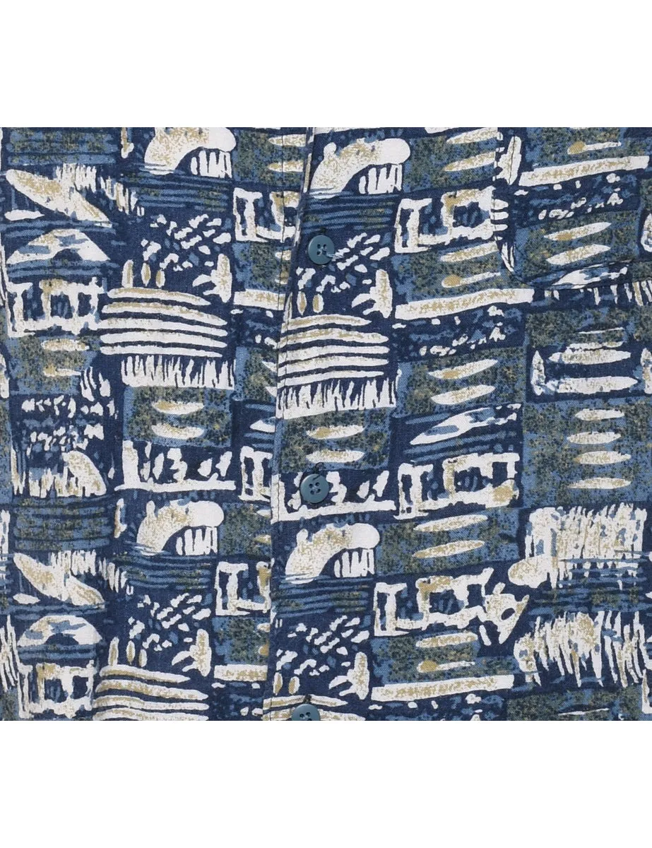 1990s Abstract Print Blue & Off-White Shirt - XL