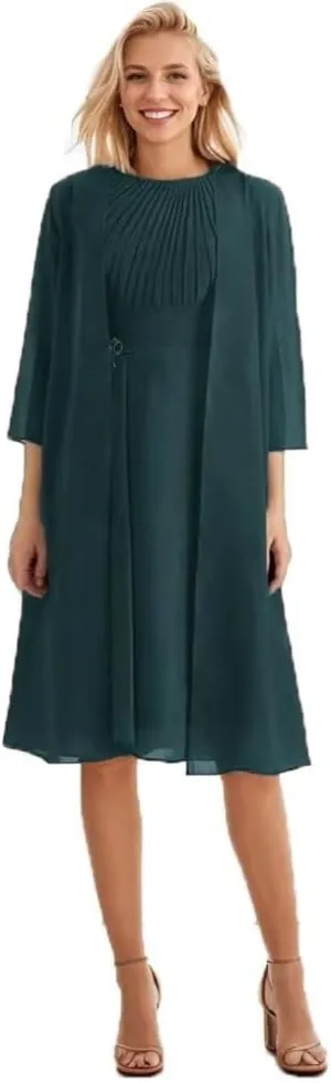 2 Piece Mother of The Bride Dresses for Wedding with Jacket Pleated Chiffon Formal Wedding Guest Dresses