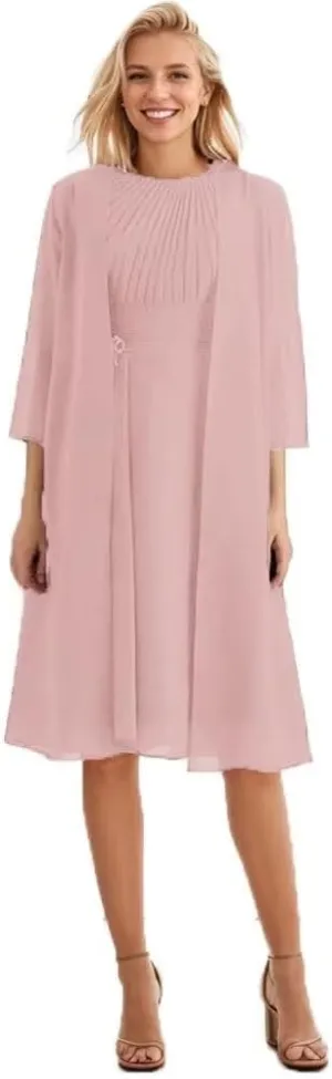 2 Piece Mother of The Bride Dresses for Wedding with Jacket Pleated Chiffon Formal Wedding Guest Dresses