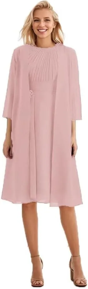 2 Piece Mother of The Bride Dresses for Wedding with Jacket Pleated Chiffon Formal Wedding Guest Dresses
