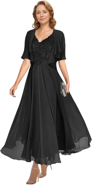 2 Piece Tea Length Mother of The Bride Dresses for Wedding with Jacket Chiffon A Line Formal Evening Gown with Pockets