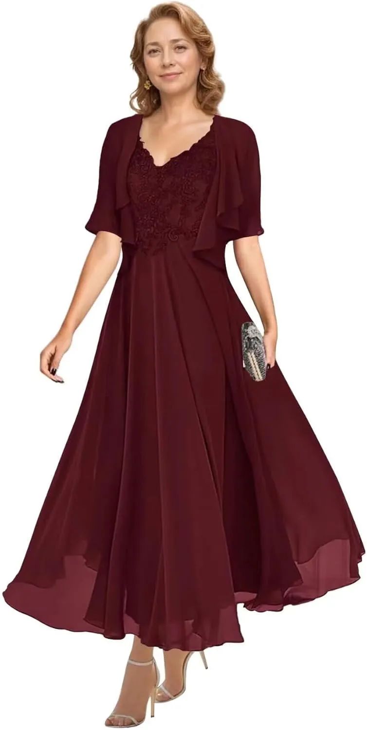2 Piece Tea Length Mother of The Bride Dresses for Wedding with Jacket Chiffon A Line Formal Evening Gown with Pockets
