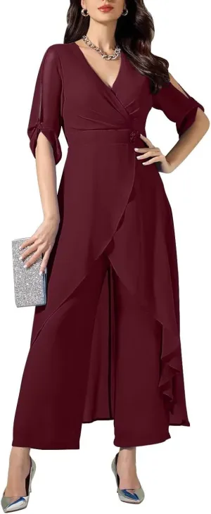 2 Pieces Chiffon Mother of The Bride Pantsuits for Wedding Half Sleeve Formal Evening Prom Cocktail Pants Outfit