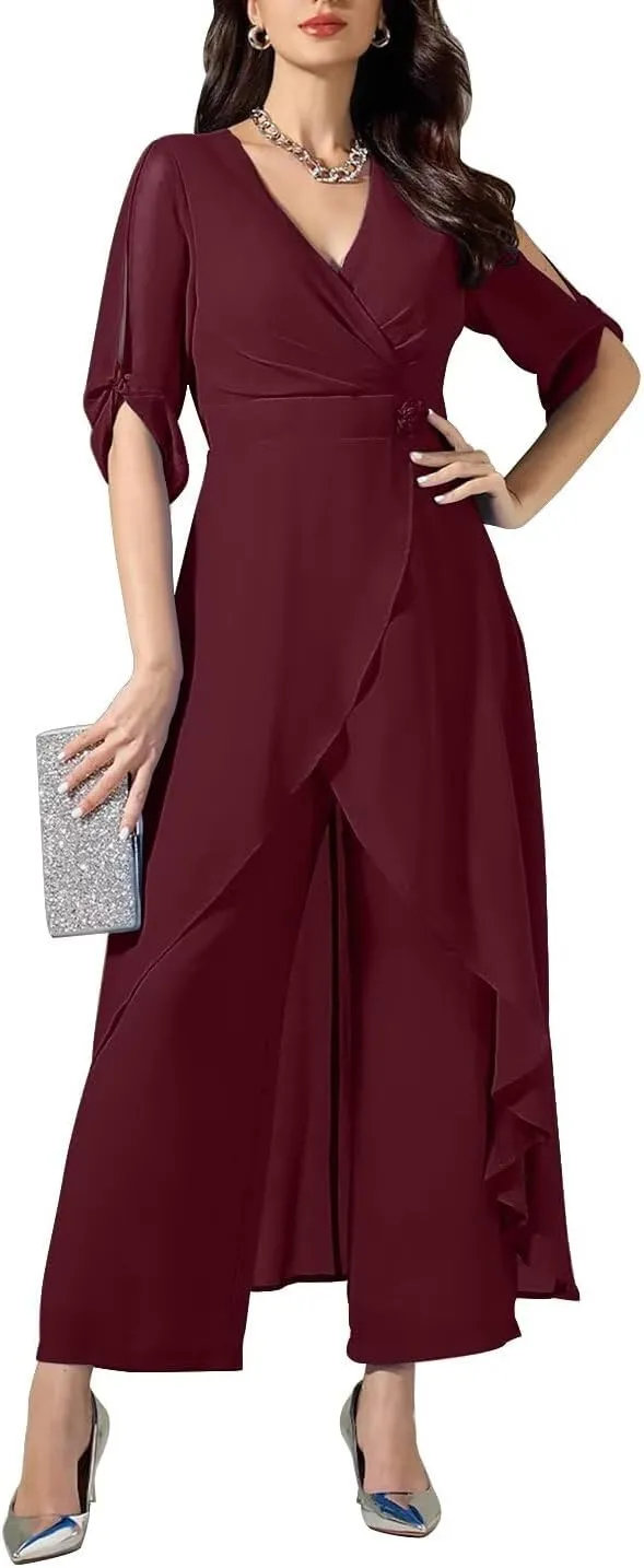 2 Pieces Chiffon Mother of The Bride Pantsuits for Wedding Half Sleeve Formal Evening Prom Cocktail Pants Outfit