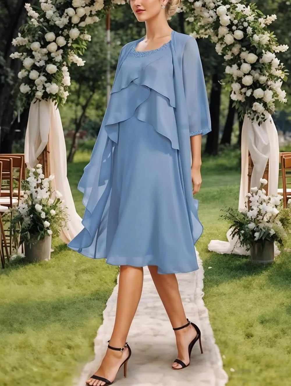 2 Pieces Mother of The Bride Dresses for Wedding Short Evening Formal Gowns Tiered Beaded with Long Chiffon Jacket