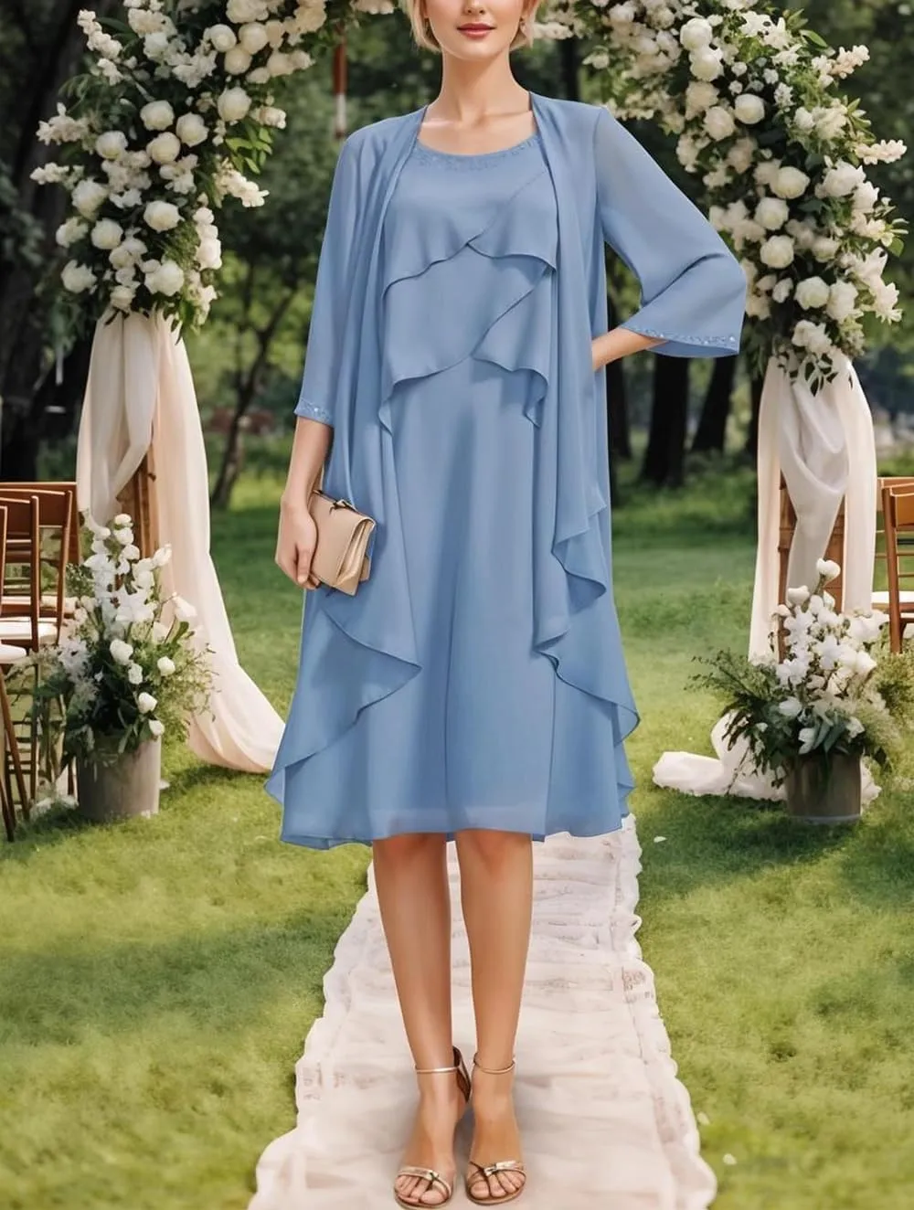 2 Pieces Mother of The Bride Dresses for Wedding Short Evening Formal Gowns Tiered Beaded with Long Chiffon Jacket