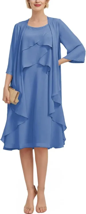 2 Pieces Mother of The Bride Dresses for Wedding Short Evening Formal Gowns Tiered Beaded with Long Chiffon Jacket