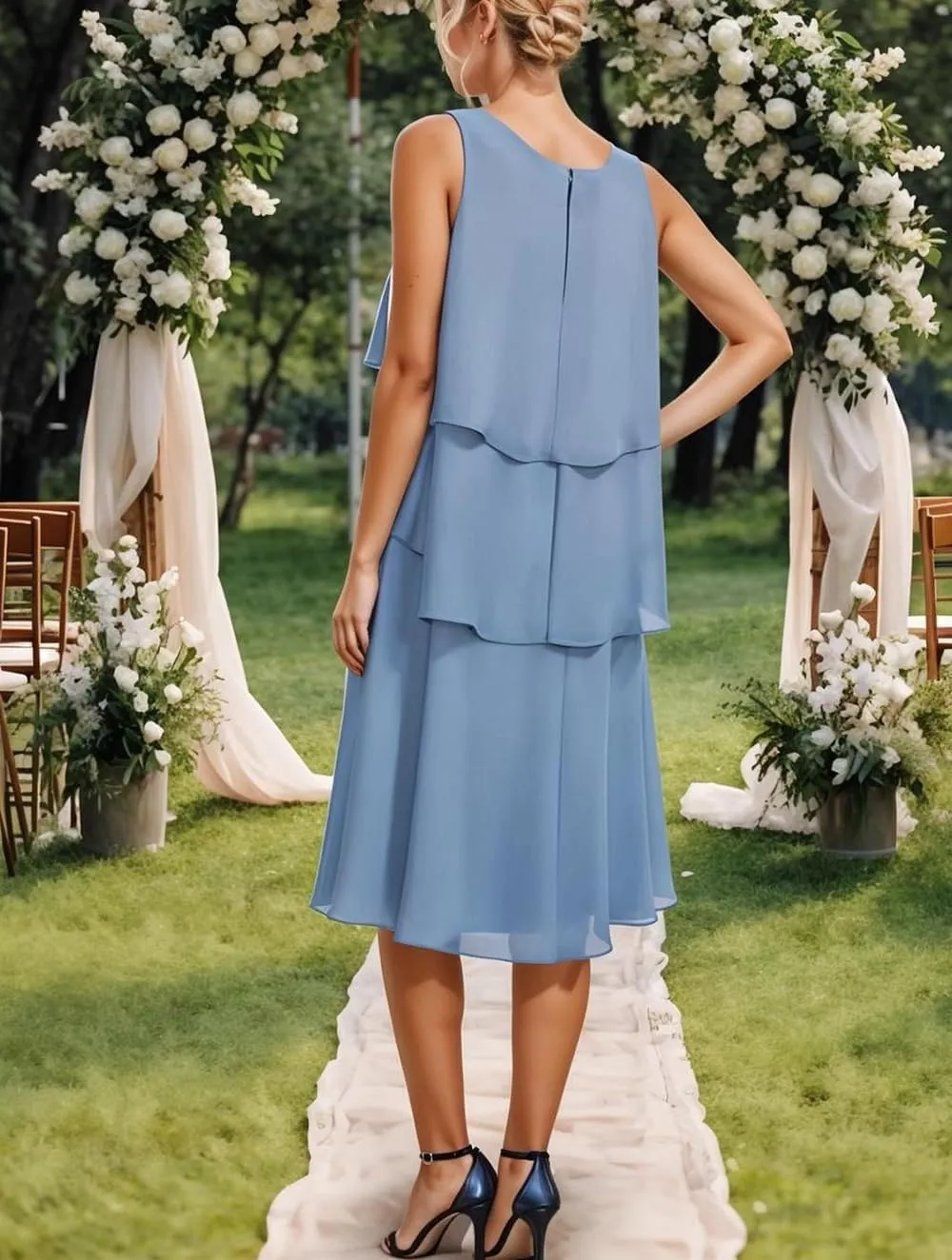 2 Pieces Mother of The Bride Dresses for Wedding Short Evening Formal Gowns Tiered Beaded with Long Chiffon Jacket