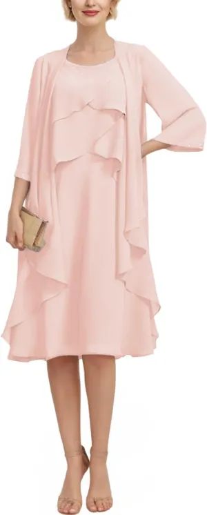2 Pieces Mother of The Bride Dresses for Wedding Short Evening Formal Gowns Tiered Beaded with Long Chiffon Jacket