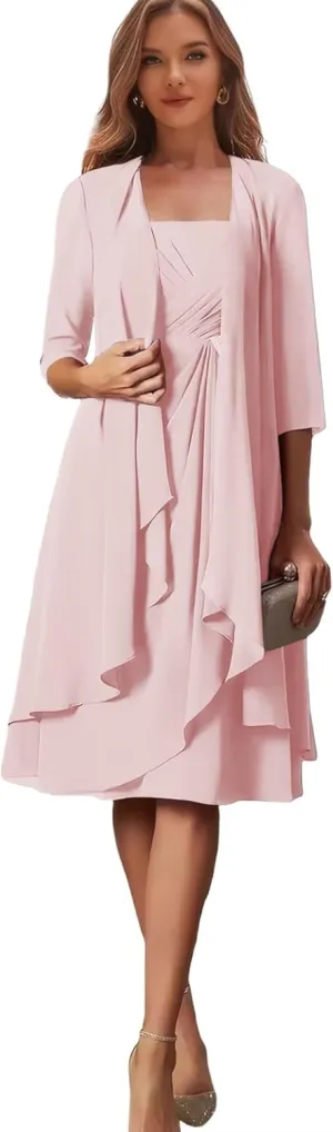 2 Pieces Mother of The Bride Dresses with Jacket Ruffles Short Formal Dress for Women Wedding Guest