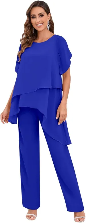 2 Pieces Mother of The Bride Pant Suits for Women Dressy Chiffon Sets Ruffle Layers Formal Wedding Guest Outfit