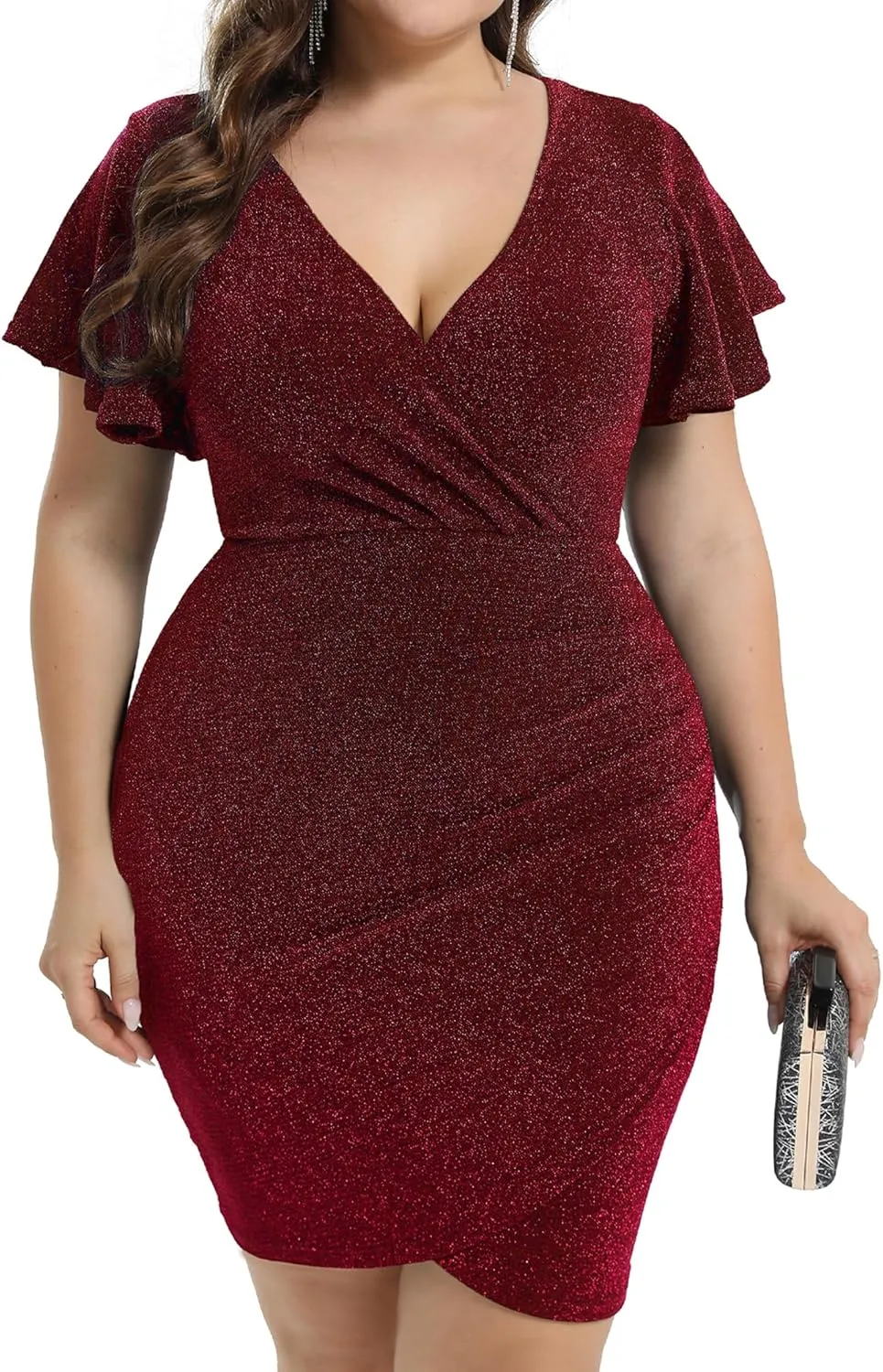 2025 Summer Womens Sparkly Glitter Ruched Bodycon Cocktail Party Sexy Sparkle Sequin Ruffle Sleeve Mini Wrap Dresses
