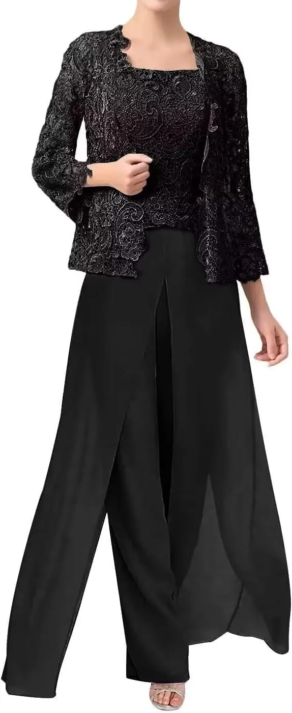 3 Pieces Mother of The Bride Pants Suits Formal Dress Lace Appliques Evening Gowns for Women with Jacket