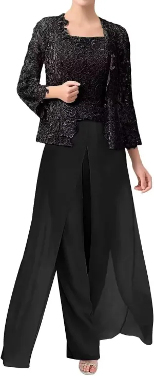 3 Pieces Mother of The Bride Pants Suits Formal Dress Lace Appliques Evening Gowns for Women with Jacket