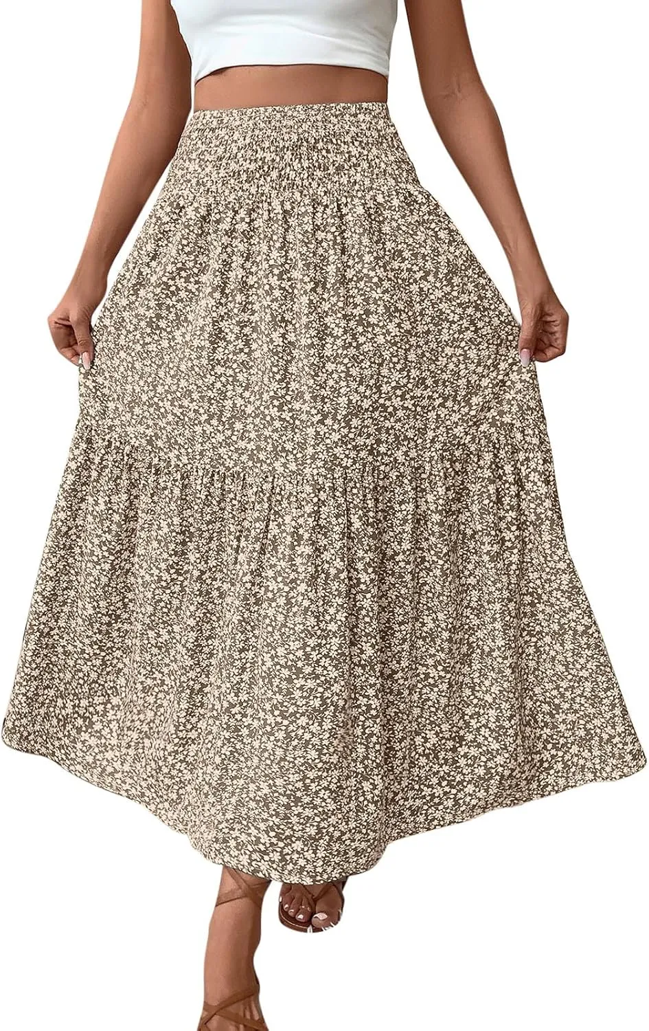 A-Line Layered Flowy Skirt for Women Summer Boho Floral Maxi Skirts Casual Trendy Swing Pleated Beach Long Skirts