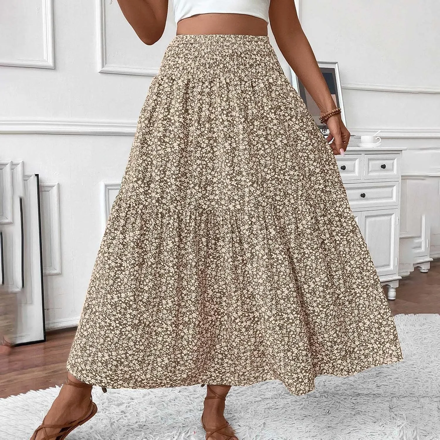 A-Line Layered Flowy Skirt for Women Summer Boho Floral Maxi Skirts Casual Trendy Swing Pleated Beach Long Skirts