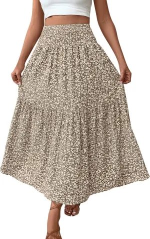 A-Line Layered Flowy Skirt for Women Summer Boho Floral Maxi Skirts Casual Trendy Swing Pleated Beach Long Skirts