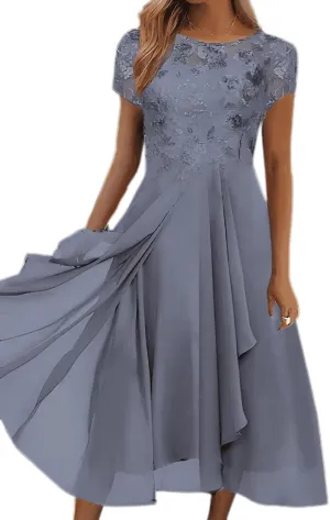 Akivide Women's Summer Chiffon Lace Maxi Dresses Short Sleeve Flowy Formal Evening Wedding Guest Dress