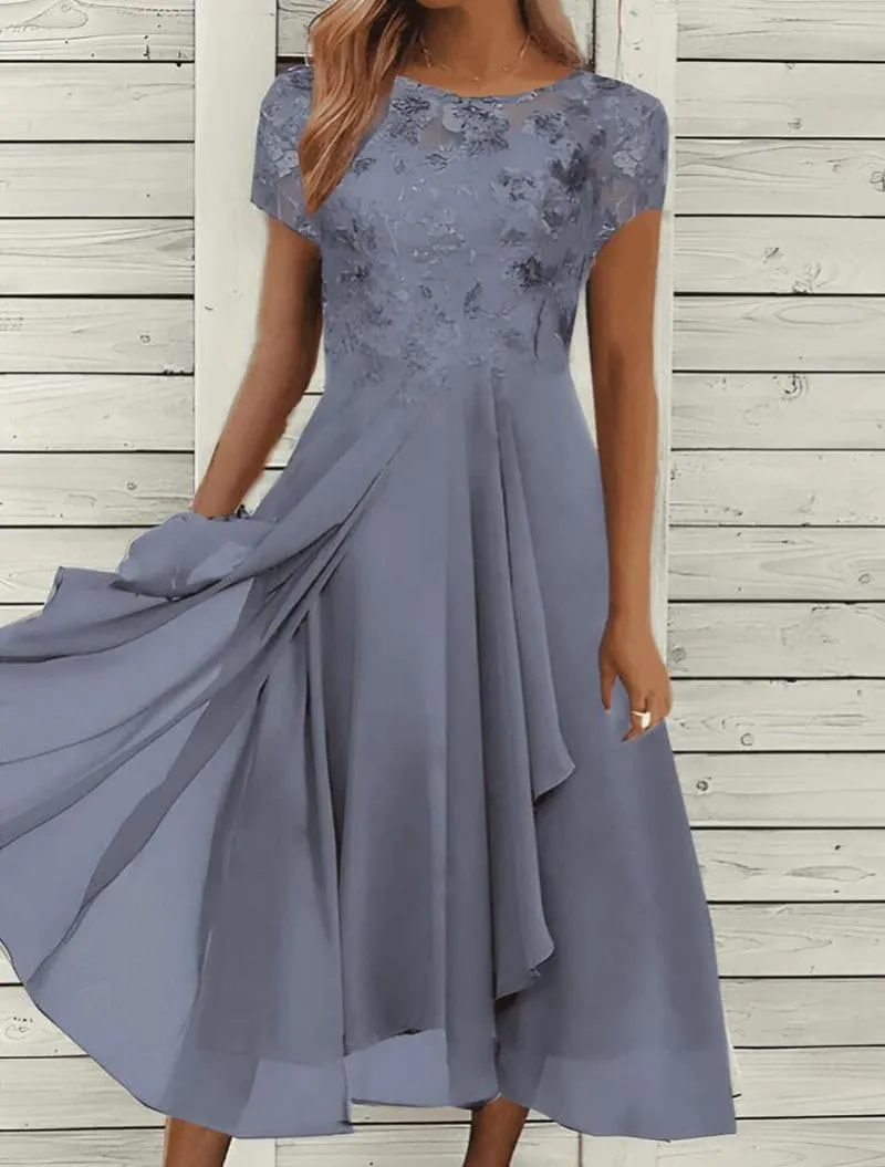 Akivide Women's Summer Chiffon Lace Maxi Dresses Short Sleeve Flowy Formal Evening Wedding Guest Dress