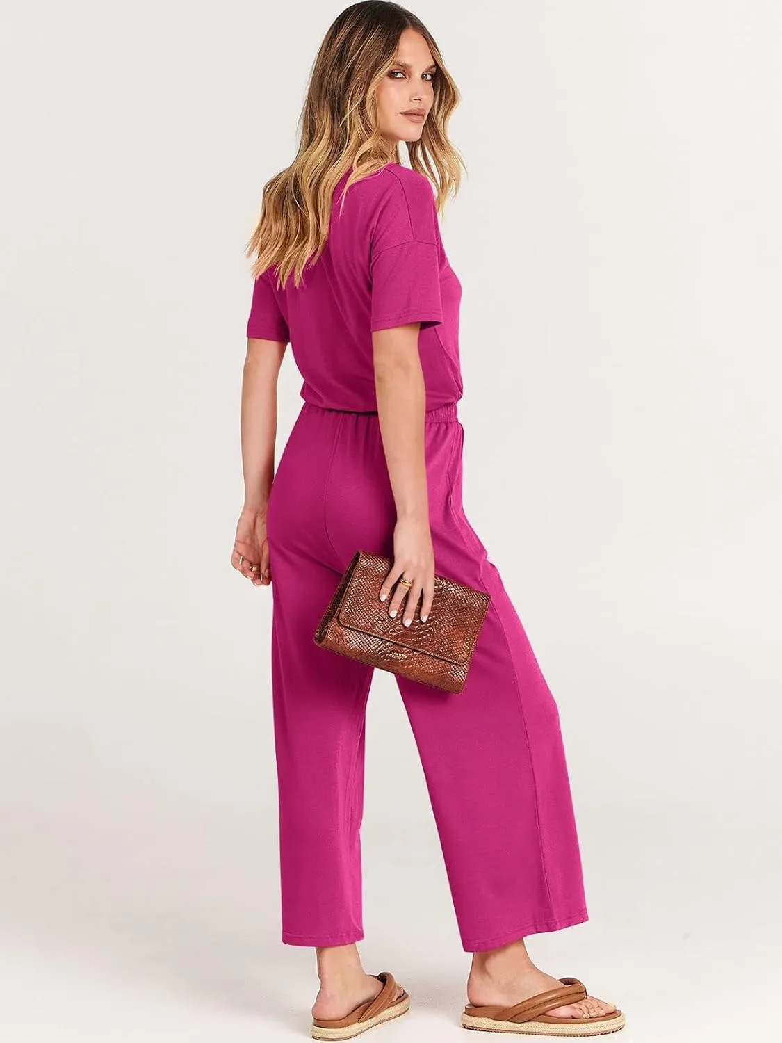 ANRABESS Women Summer Casual Short Sleeve V Neck Elastic Waist Wide Leg Cropped Pants Jumpsuits Rompers with Pockets