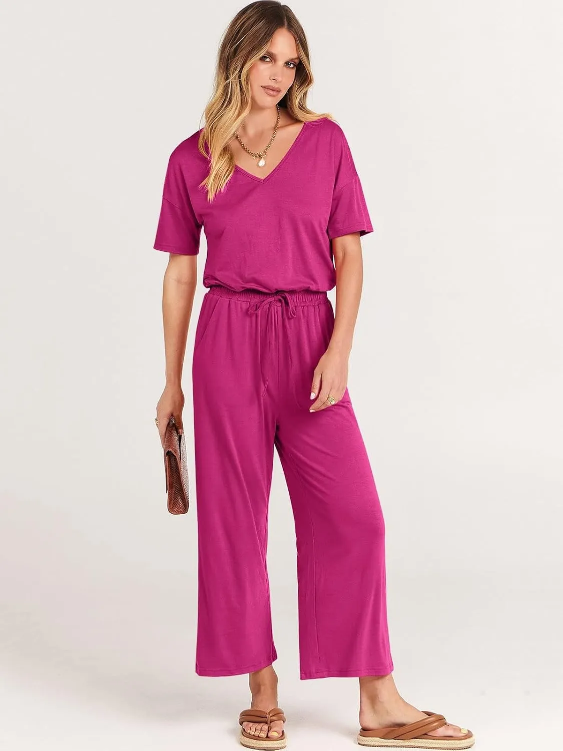 ANRABESS Women Summer Casual Short Sleeve V Neck Elastic Waist Wide Leg Cropped Pants Jumpsuits Rompers with Pockets