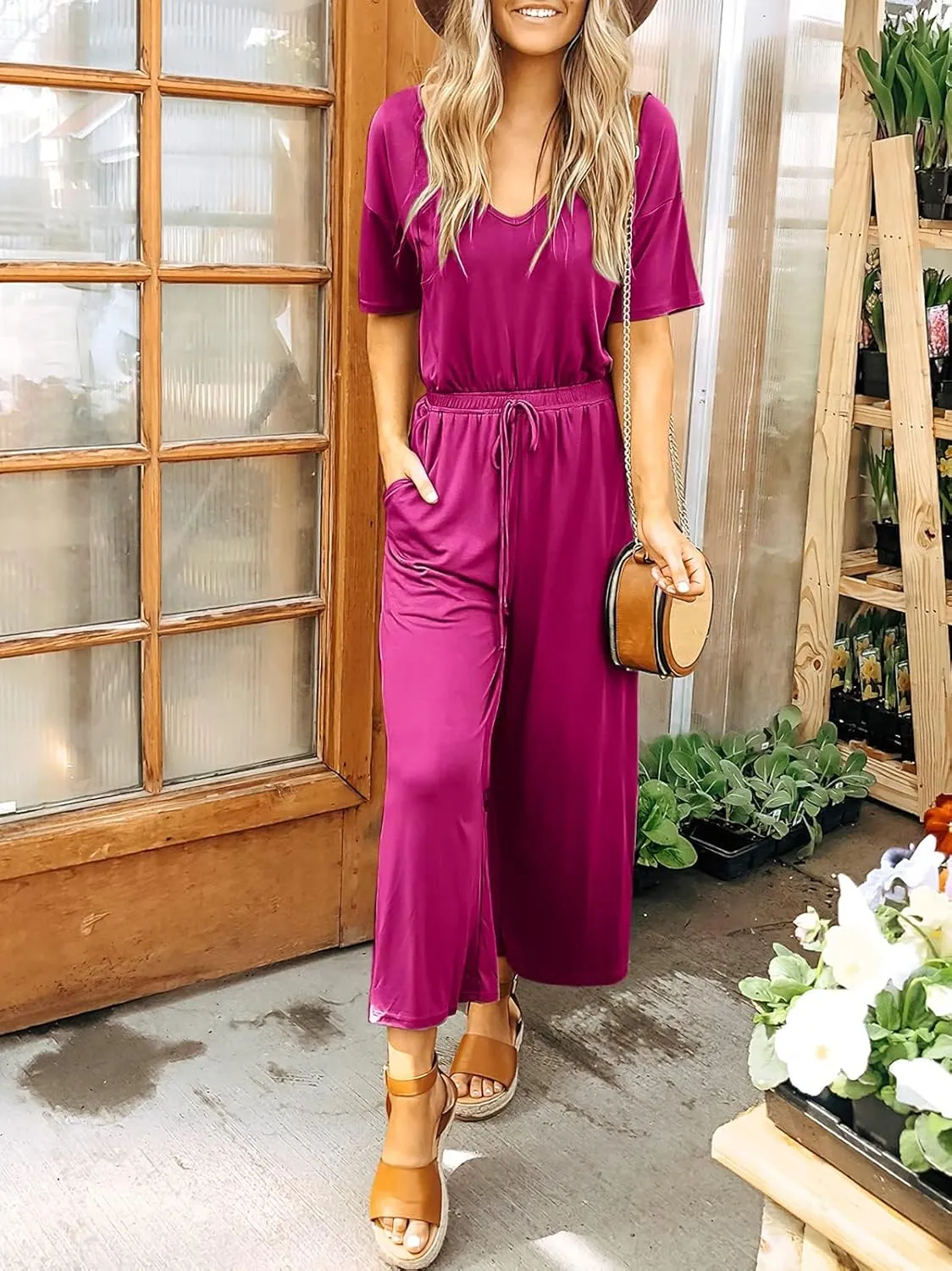 ANRABESS Women Summer Casual Short Sleeve V Neck Elastic Waist Wide Leg Cropped Pants Jumpsuits Rompers with Pockets