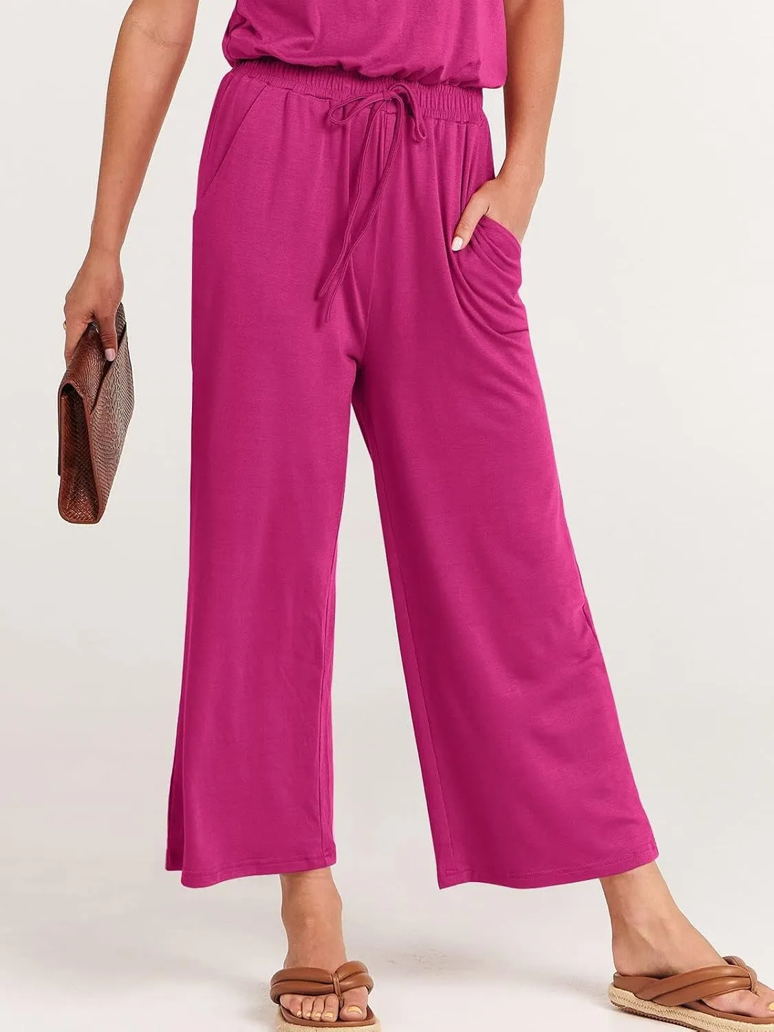 ANRABESS Women Summer Casual Short Sleeve V Neck Elastic Waist Wide Leg Cropped Pants Jumpsuits Rompers with Pockets