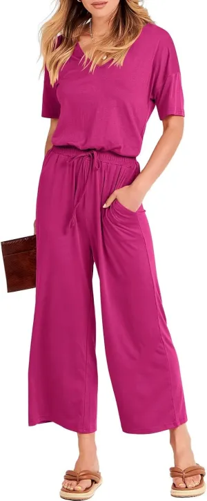 ANRABESS Women Summer Casual Short Sleeve V Neck Elastic Waist Wide Leg Cropped Pants Jumpsuits Rompers with Pockets