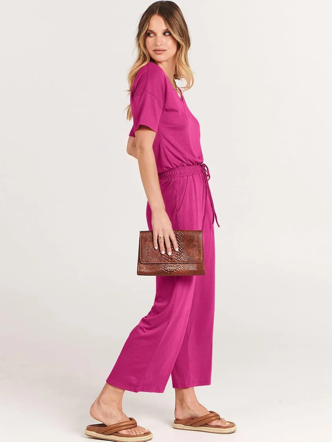 ANRABESS Women Summer Casual Short Sleeve V Neck Elastic Waist Wide Leg Cropped Pants Jumpsuits Rompers with Pockets