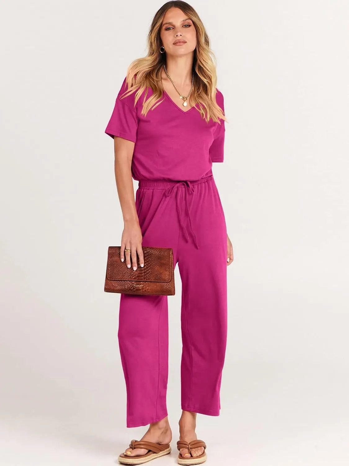 ANRABESS Women Summer Casual Short Sleeve V Neck Elastic Waist Wide Leg Cropped Pants Jumpsuits Rompers with Pockets