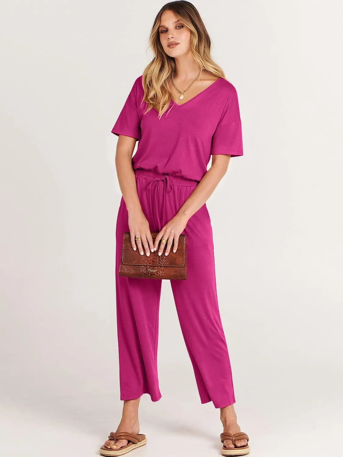 ANRABESS Women Summer Casual Short Sleeve V Neck Elastic Waist Wide Leg Cropped Pants Jumpsuits Rompers with Pockets