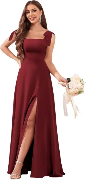 AUMEELAM Chiffon Bow Straps Bridesmaid Dresses for Wedding Square Neck Long A Line Flowy Formal Wedding Guest Dresses