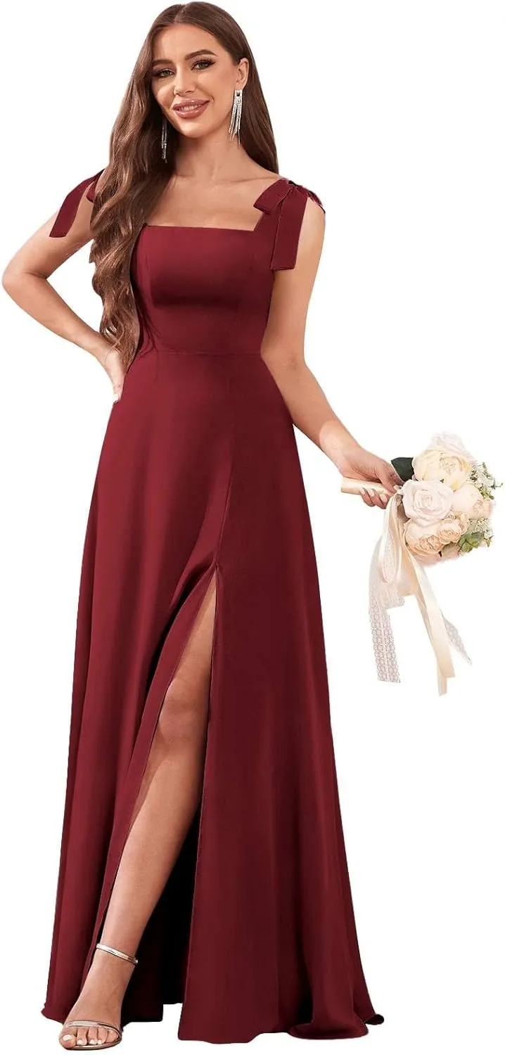 AUMEELAM Chiffon Bow Straps Bridesmaid Dresses for Wedding Square Neck Long A Line Flowy Formal Wedding Guest Dresses