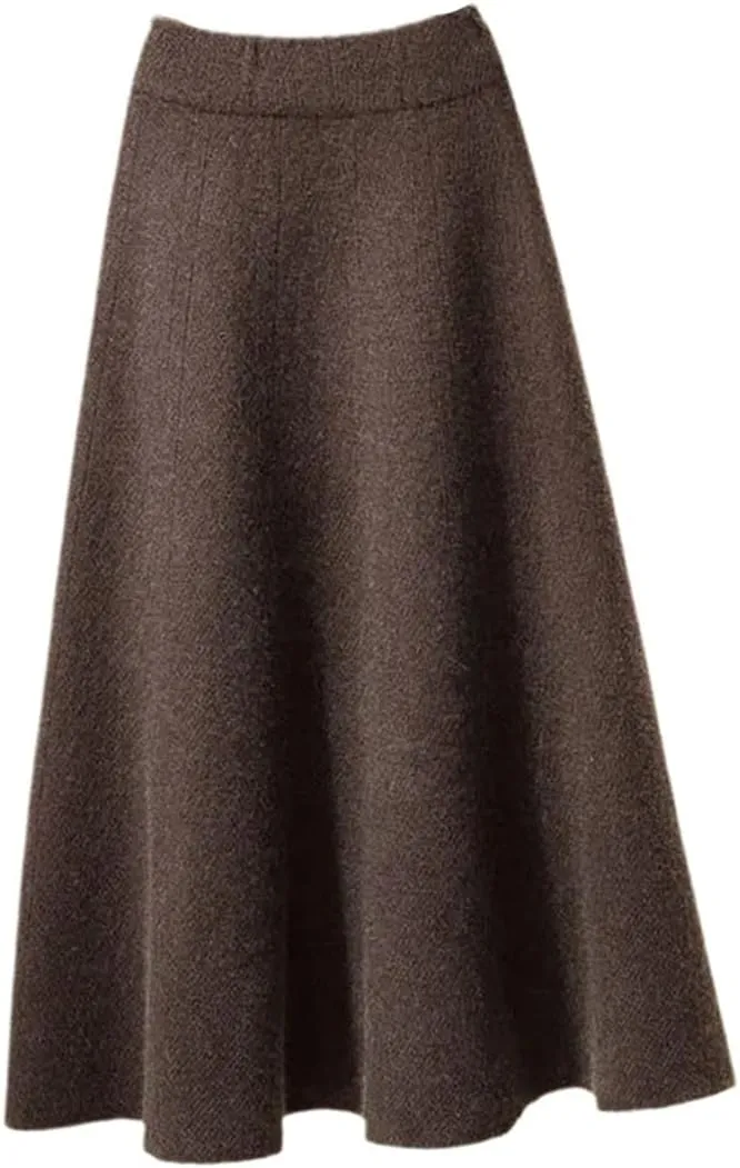 Autumn Knitted Pleated Skirt, Women Midi Elastic High Waist A-Line Sweater Skirt, Winter Black Wool Long Mom Skirt
