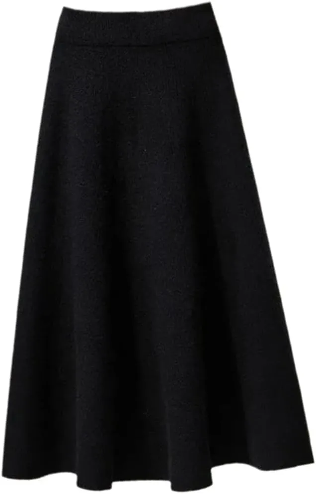 Autumn Knitted Pleated Skirt, Women Midi Elastic High Waist A-Line Sweater Skirt, Winter Black Wool Long Mom Skirt