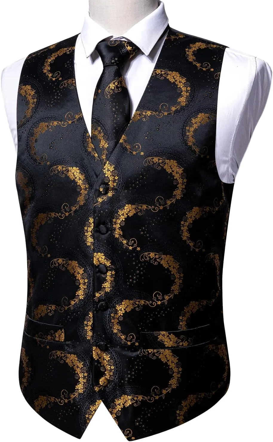 Barry.Wang Mens Suit Vest Paisley/Flower Silk Jacquard Waistcoat Ties Set Formal/Leisure 5PCS