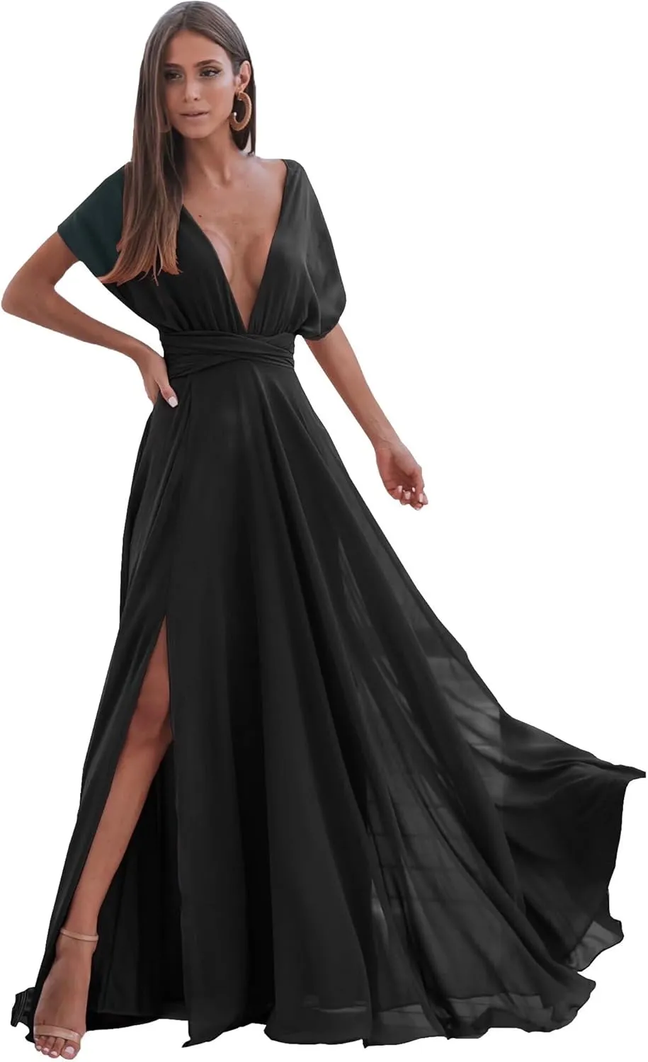 Beach Bridesmaid Dresses Long with Sleeves V-Neck A-Line Chiffon Backless Formal Evening Party Gown with Slit Cocktail DR0094