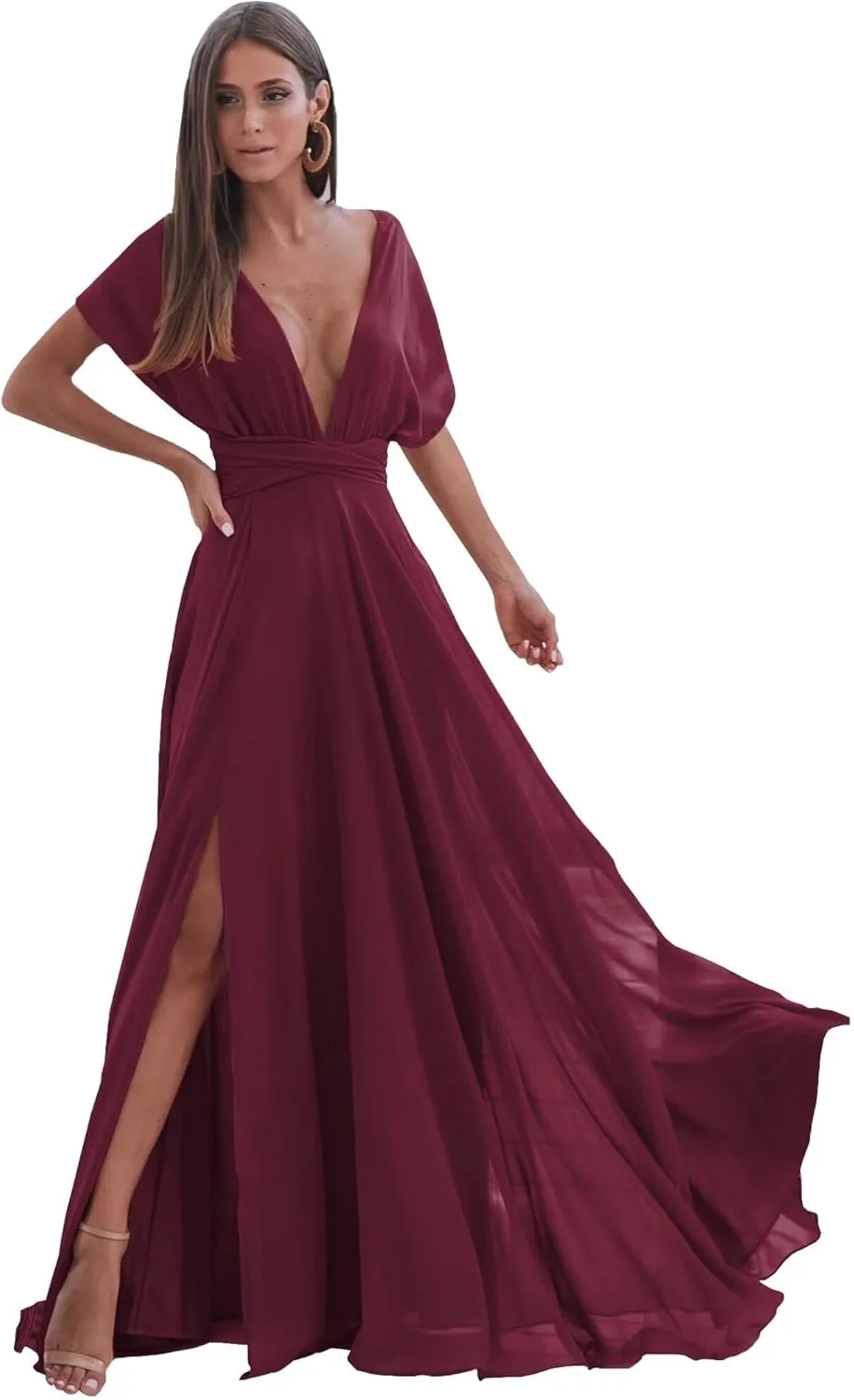 Beach Bridesmaid Dresses Long with Sleeves V-Neck A-Line Chiffon Backless Formal Evening Party Gown with Slit Cocktail DR0094