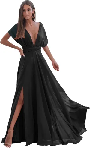 Beach Bridesmaid Dresses Long with Sleeves V-Neck A-Line Chiffon Backless Formal Evening Party Gown with Slit Cocktail DR0094