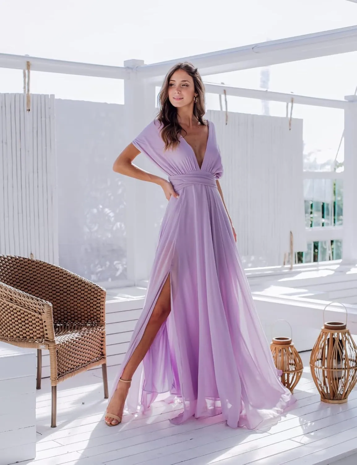 Beach Bridesmaid Dresses Long with Sleeves V-Neck A-Line Chiffon Backless Formal Evening Party Gown with Slit Cocktail DR0094