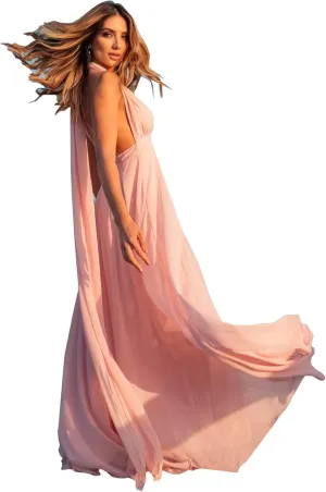 Beach Bridesmaid Dresses Long with Sleeves V-Neck A-Line Chiffon Backless Formal Evening Party Gown with Slit Cocktail DR0094