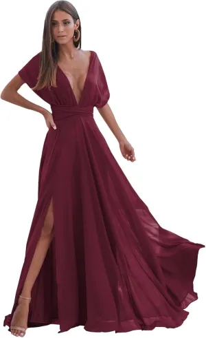 Beach Bridesmaid Dresses Long with Sleeves V-Neck A-Line Chiffon Backless Formal Evening Party Gown with Slit Cocktail DR0094