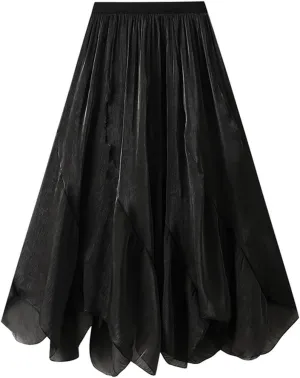 Beach Skirts for Women Asymmetrical Hem Elastic Waist Flowy Long Skirt 2025 Fashion Trendy Summer Pleated Skirt