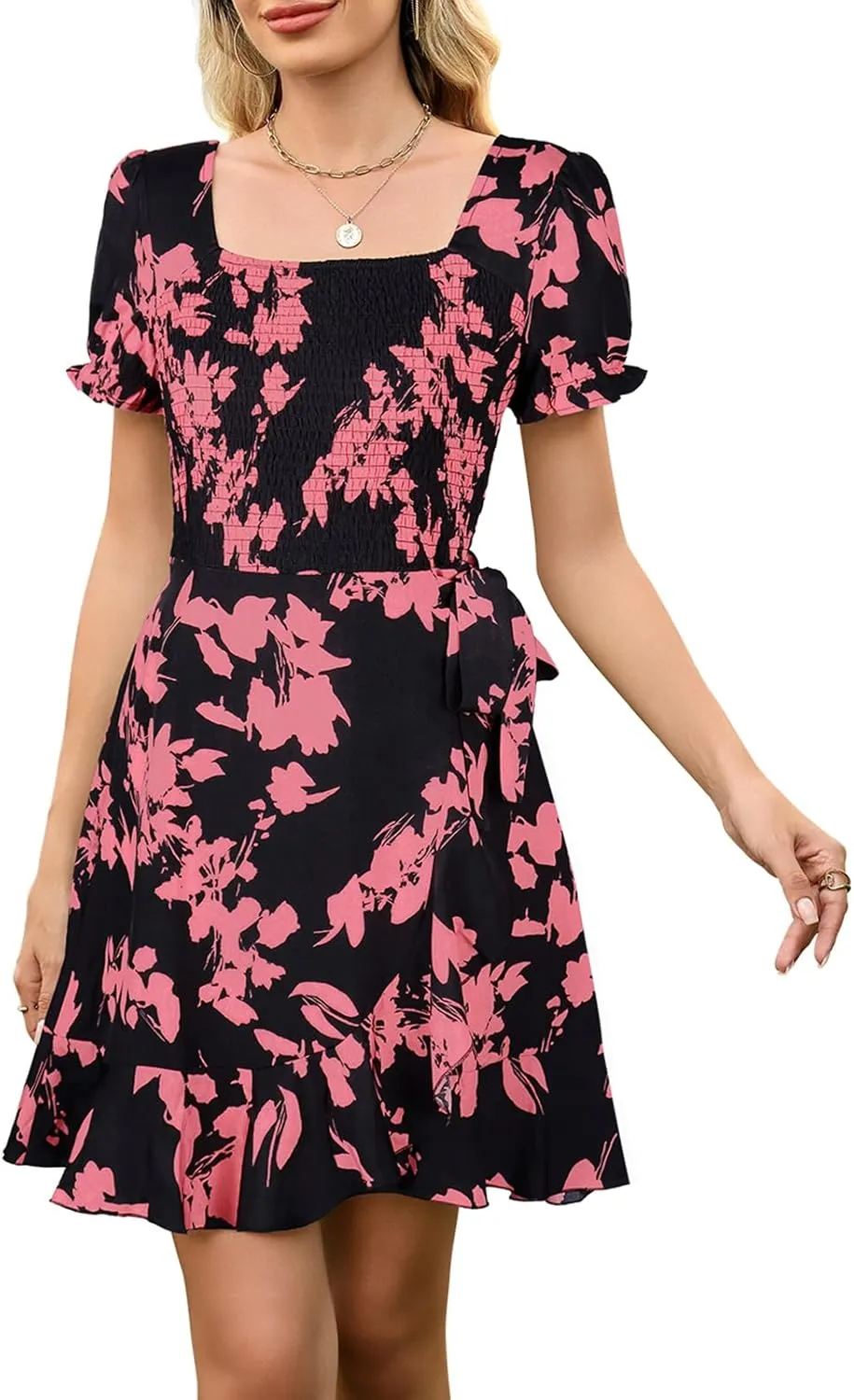 Berydress Women's Smocked Wrap Dress 2025 Square Neck Short Sleeve Sundress Summer Floral Ruffle Beach Mini Dresses