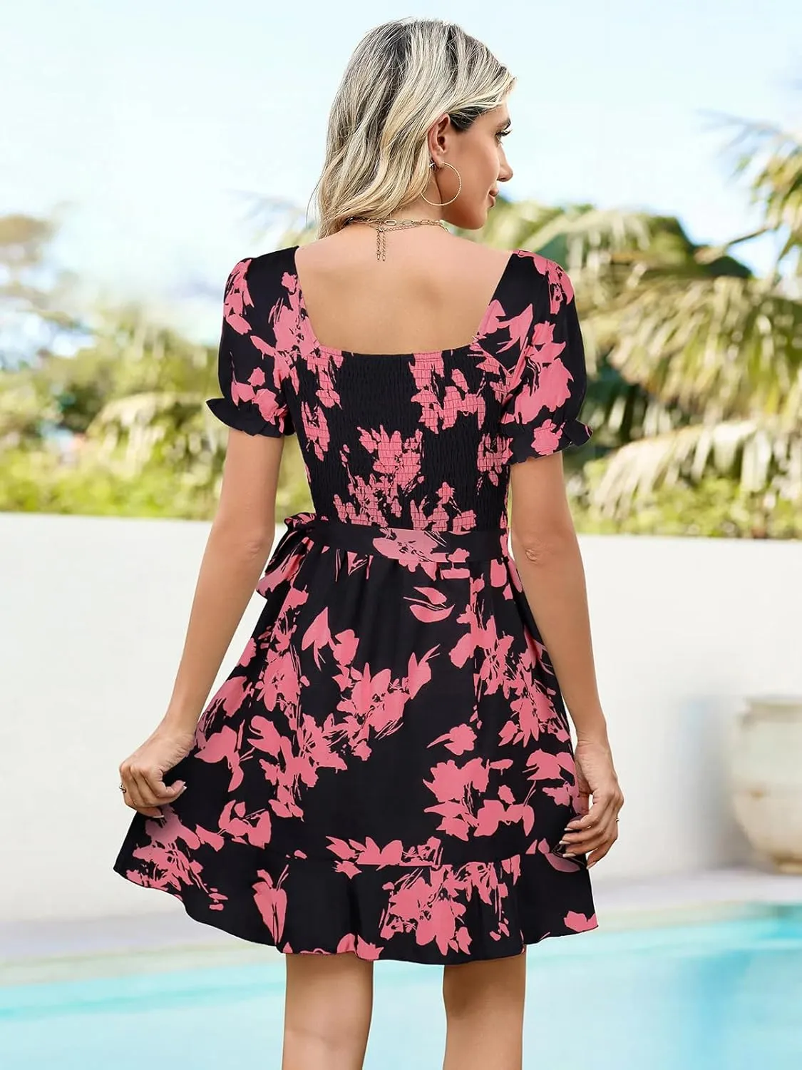 Berydress Women's Smocked Wrap Dress 2025 Square Neck Short Sleeve Sundress Summer Floral Ruffle Beach Mini Dresses