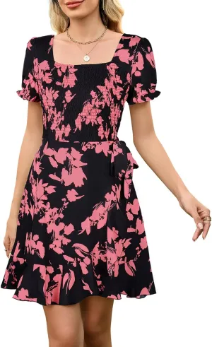 Berydress Women's Smocked Wrap Dress 2025 Square Neck Short Sleeve Sundress Summer Floral Ruffle Beach Mini Dresses