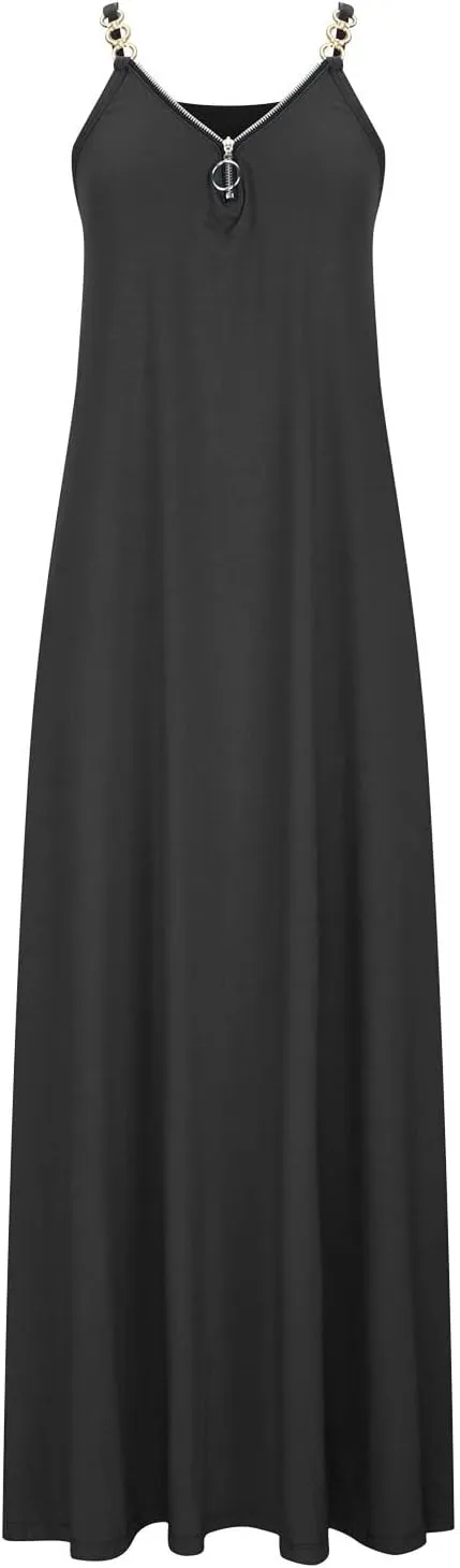 Binmer Summer Sun Dresses for Women 2024 Casual Boho Solid Color Ring Straps Zipper V Neck Beach Long Maxi Dress with Pockets