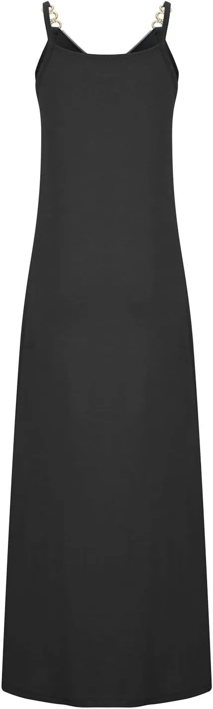 Binmer Summer Sun Dresses for Women 2024 Casual Boho Solid Color Ring Straps Zipper V Neck Beach Long Maxi Dress with Pockets