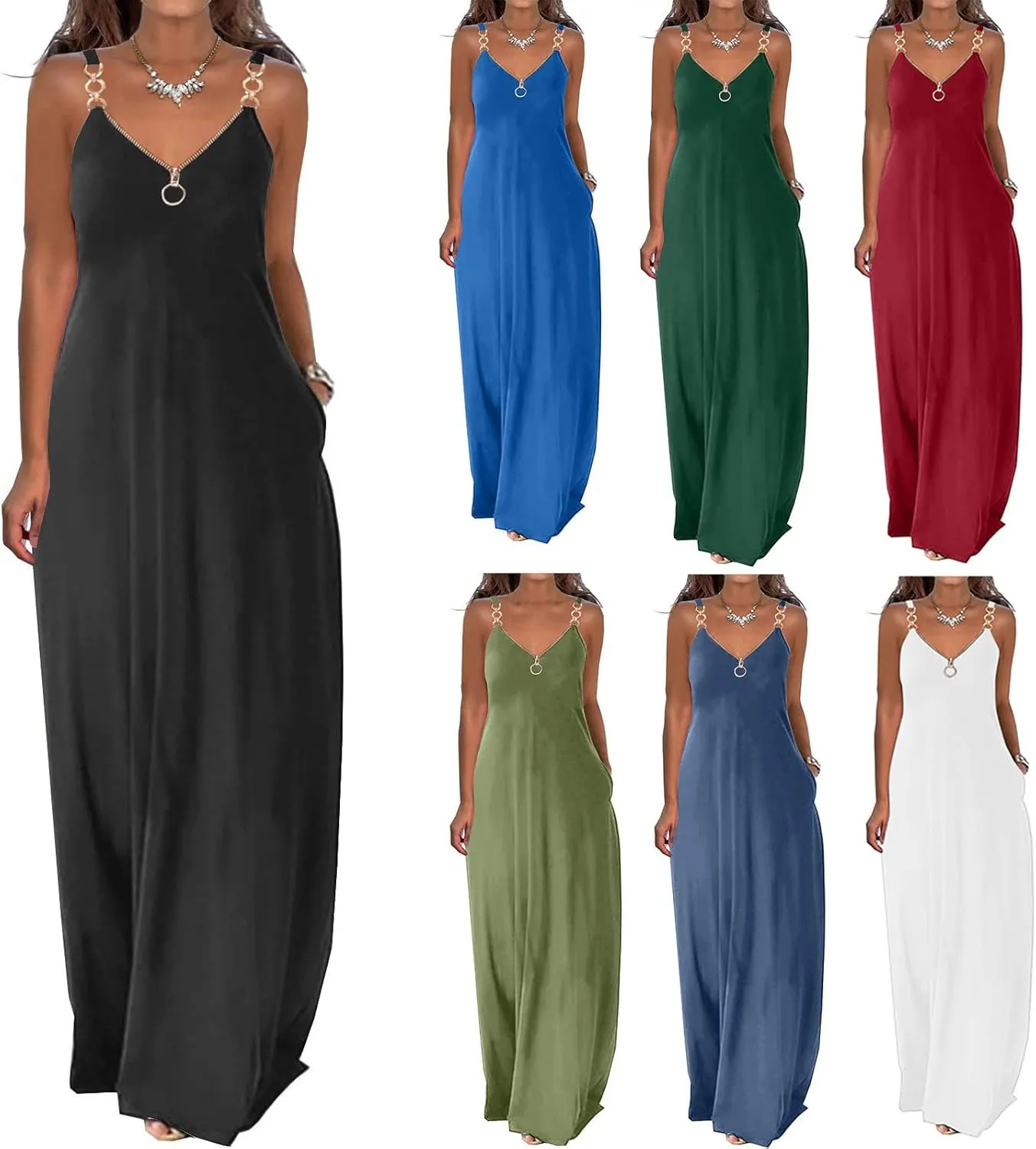 Binmer Summer Sun Dresses for Women 2024 Casual Boho Solid Color Ring Straps Zipper V Neck Beach Long Maxi Dress with Pockets