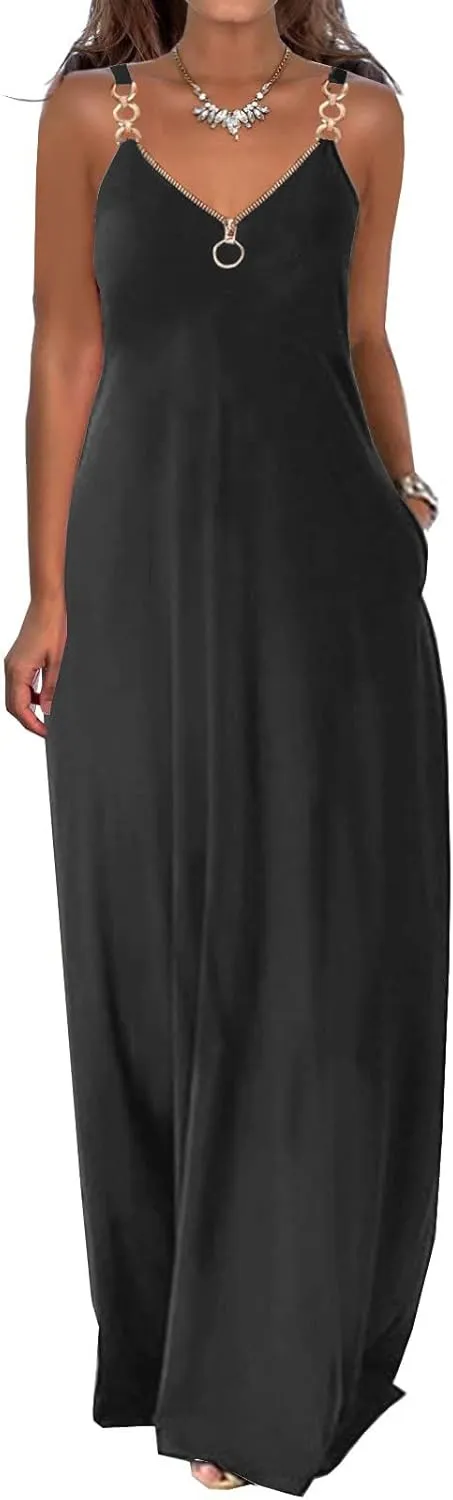 Binmer Summer Sun Dresses for Women 2024 Casual Boho Solid Color Ring Straps Zipper V Neck Beach Long Maxi Dress with Pockets